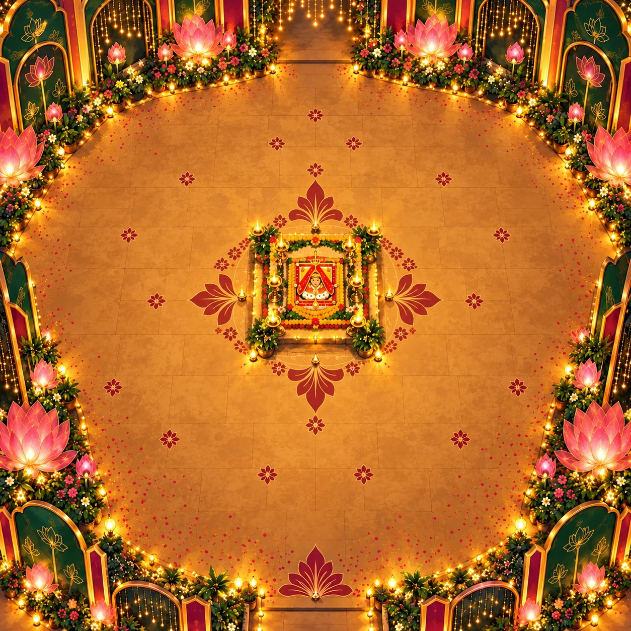 Overhead view of the garba ground and small Maa Amba shrine, with two circles of dancers surrounded by emerald and gold panels and glowing pink lotuses